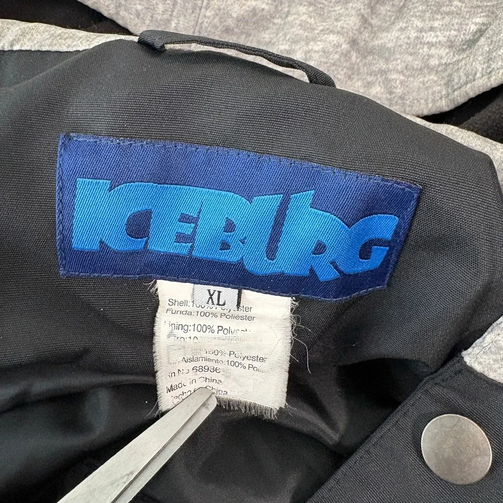 Vintage Iceburg Jacket Mens Size XL Black Quilted Hooded Snap Front Ski Y2K 90s